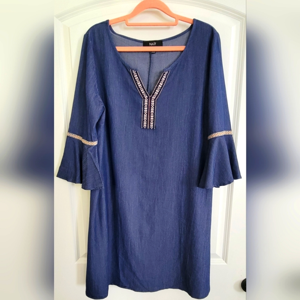 Naif Blue Boho Bell Sleeve Dress Medium